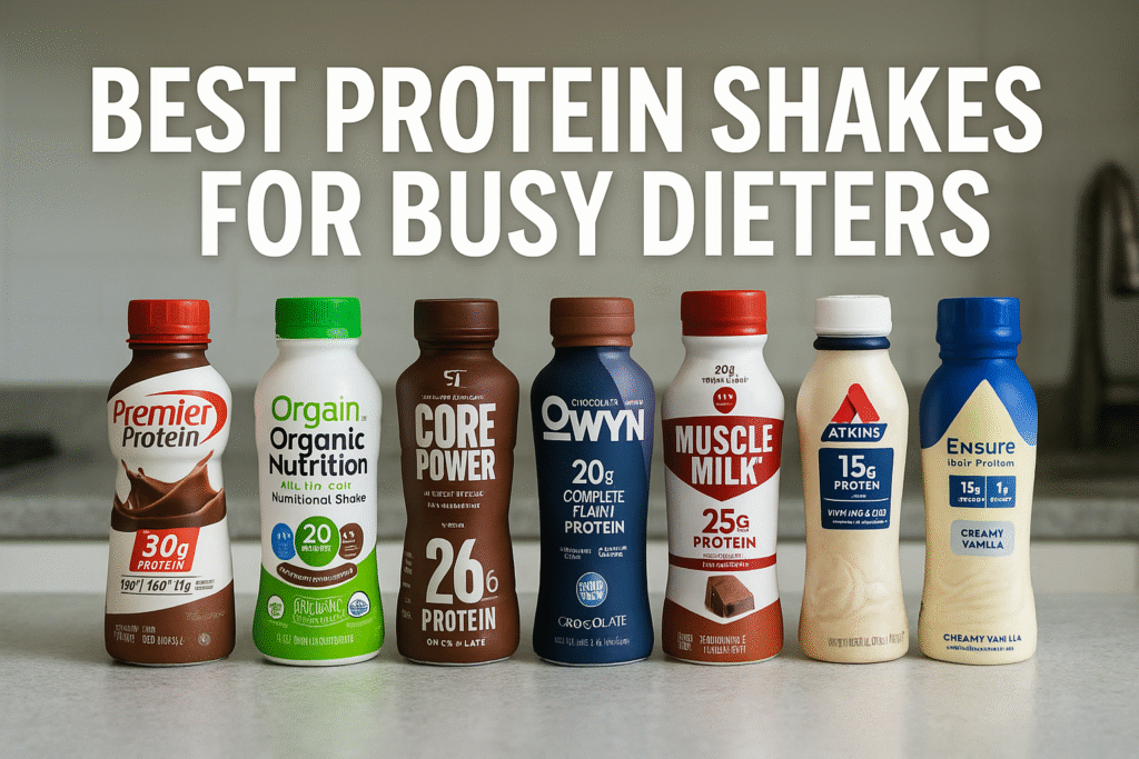Six assorted ready-to-drink protein shakes arranged on a kitchen counter with the title “Best Protein Shakes for Busy Dieters” above them.