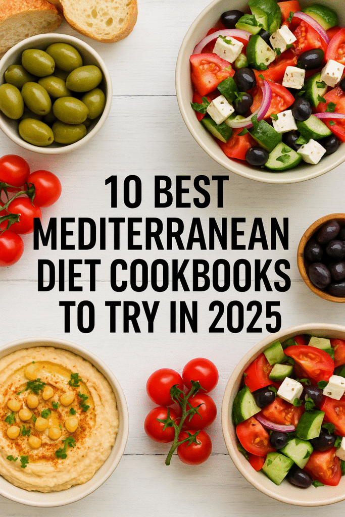 Top-down view of a Mediterranean-style meal with colorful vegetables, grains, and olive oil, representing healthy Mediterranean cooking