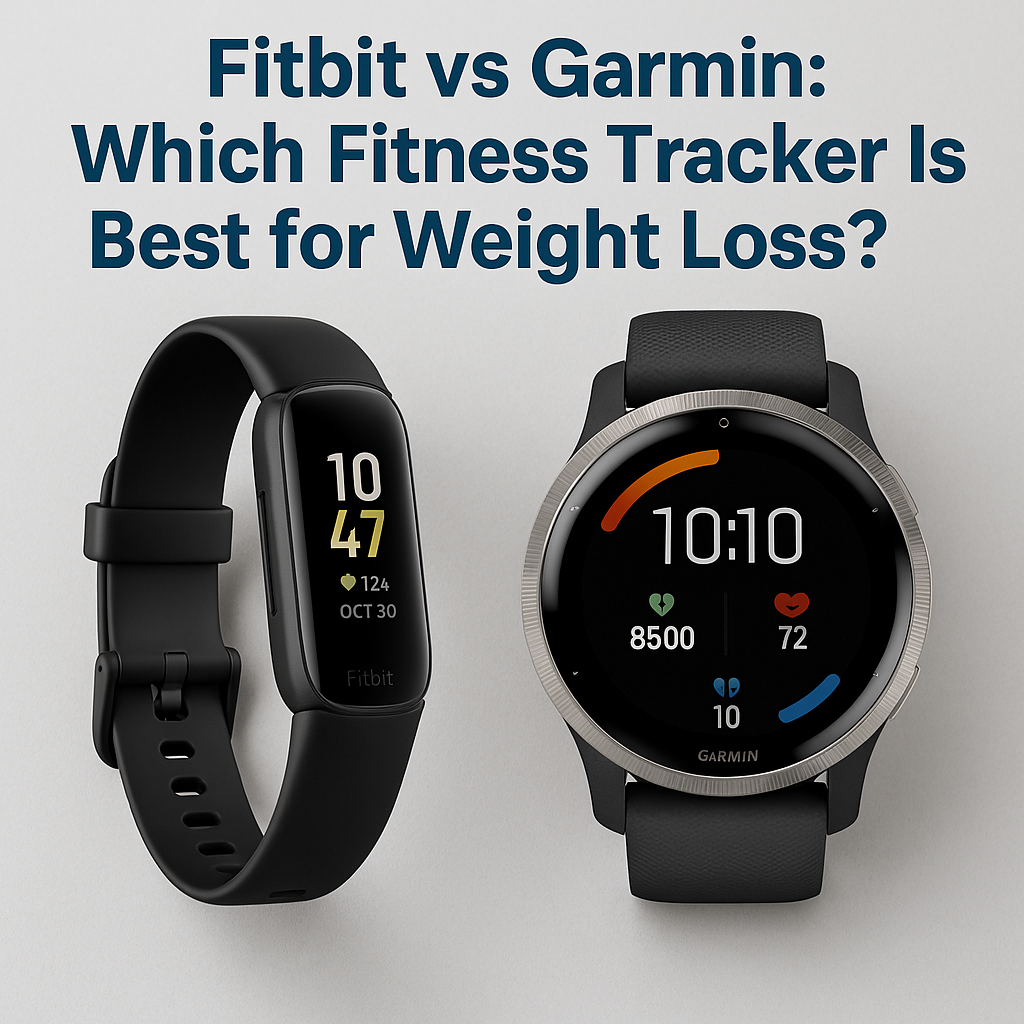 Fitbit Inspire 3 and Garmin Venu 2 smartwatches side by side on a light gray background showing time, heart rate, and step count displays.