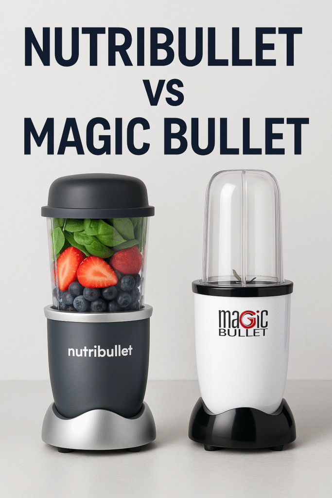 Side-by-side photo of a NutriBullet filled with fruit and a Magic Bullet with an empty cup on a gray counter.