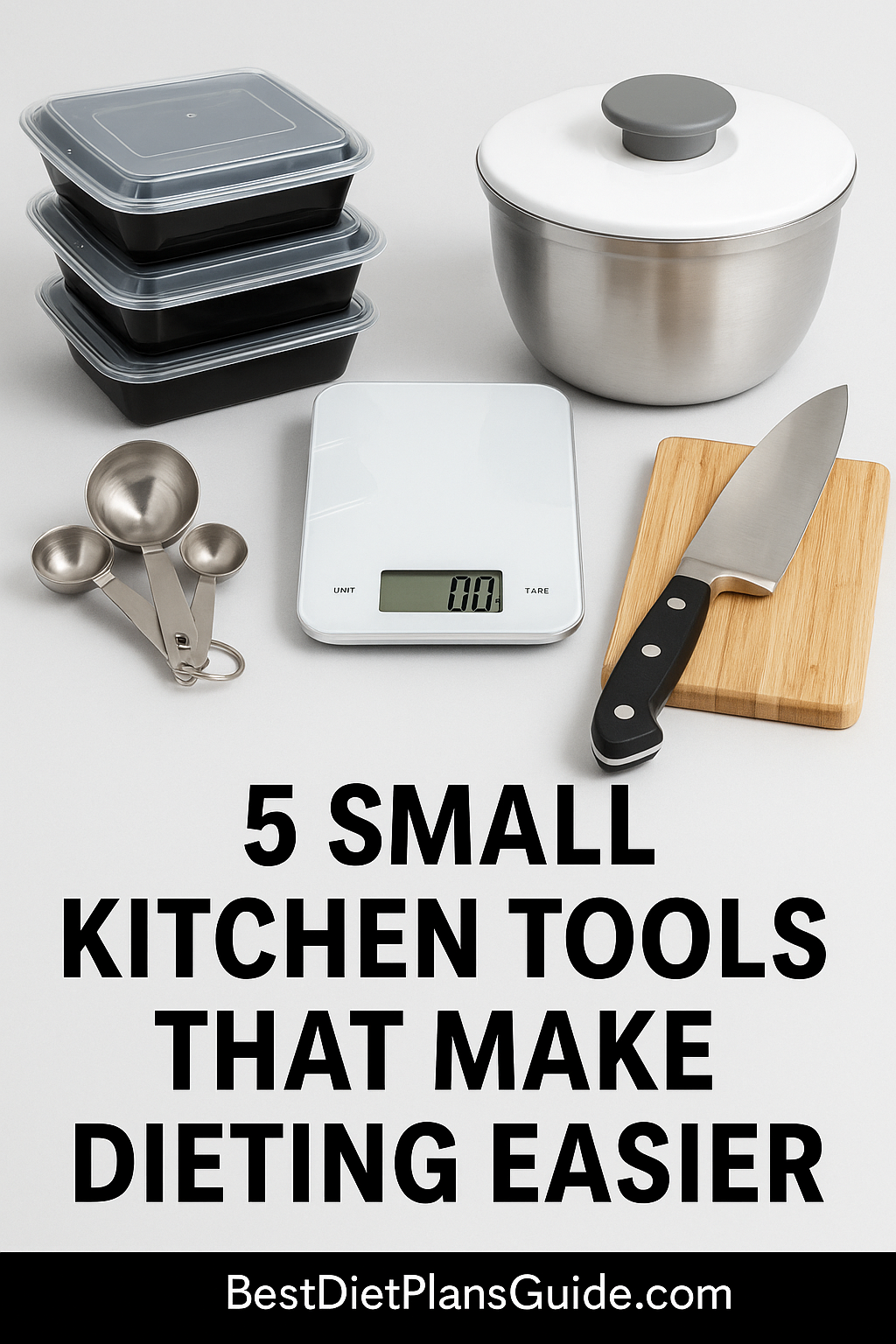 A digital food scale, measuring spoons, stackable meal prep containers, a stainless steel salad spinner, and a chef’s knife with a cutting board arranged neatly on a gray background.