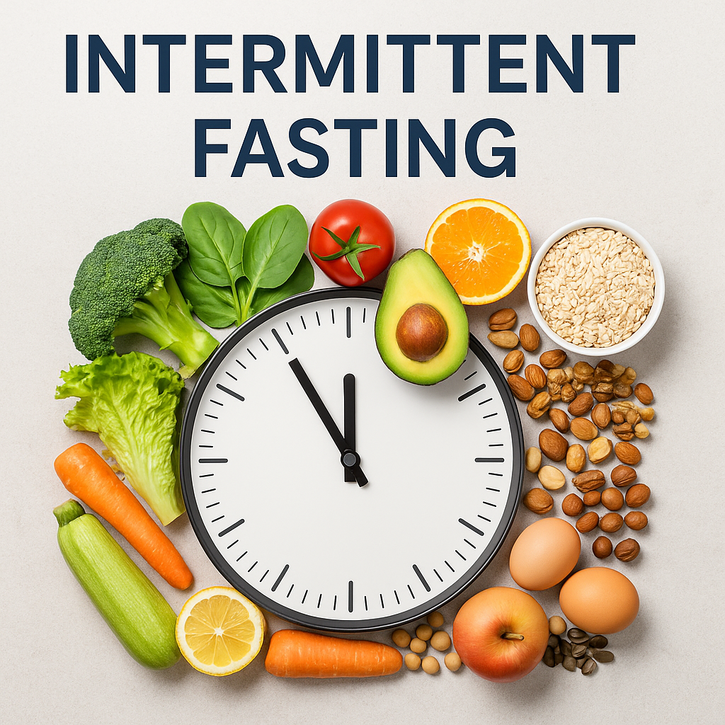 A clock-shaped plate surrounded by colorful vegetables, fruits, nuts, eggs, and grains with the words “Intermittent Fasting” at the top.