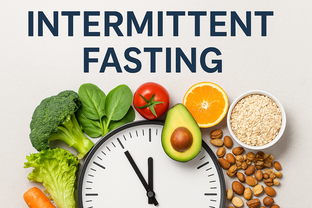 A clock-shaped plate surrounded by colorful vegetables, fruits, nuts, eggs, and grains with the words “Intermittent Fasting” at the top.