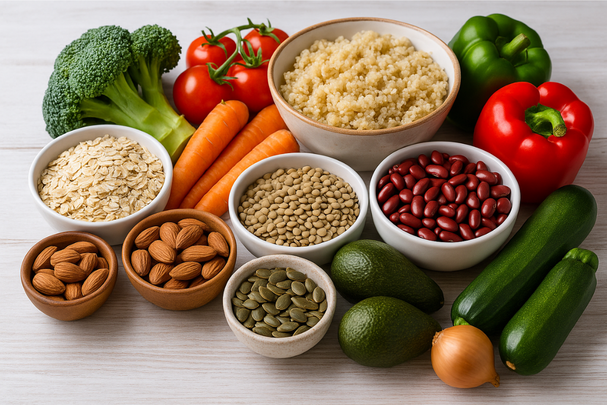 Fresh plant-based ingredients including broccoli, tomatoes, carrots, bell peppers, zucchini, avocado, onion, quinoa, lentils, red beans, oats, almonds, and pumpkin seeds arranged on a wooden surface.