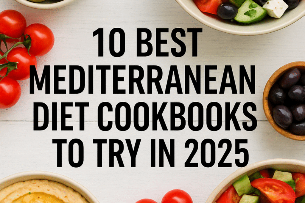 Top-down view of a Mediterranean-style meal with colorful vegetables, grains, and olive oil, representing healthy Mediterranean cooking