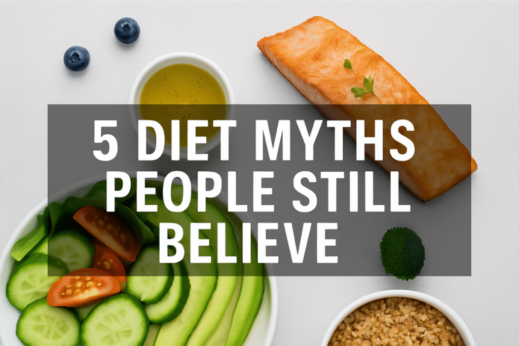 Healthy balanced meal with salmon, vegetables, and quinoa illustrating common diet myths people still believe