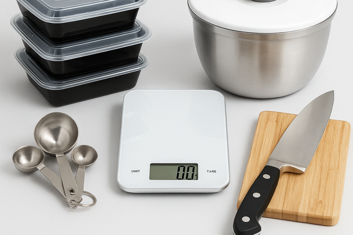 A digital food scale, measuring spoons, stackable meal prep containers, a stainless steel salad spinner, and a chef’s knife with a cutting board arranged neatly on a gray background.