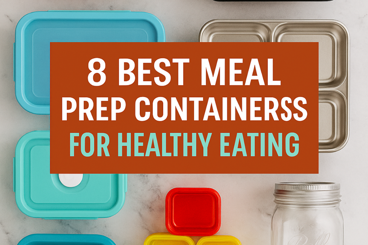 Assorted meal prep containers including glass, plastic, stainless steel, silicone, and mason jars arranged on a marble surface.