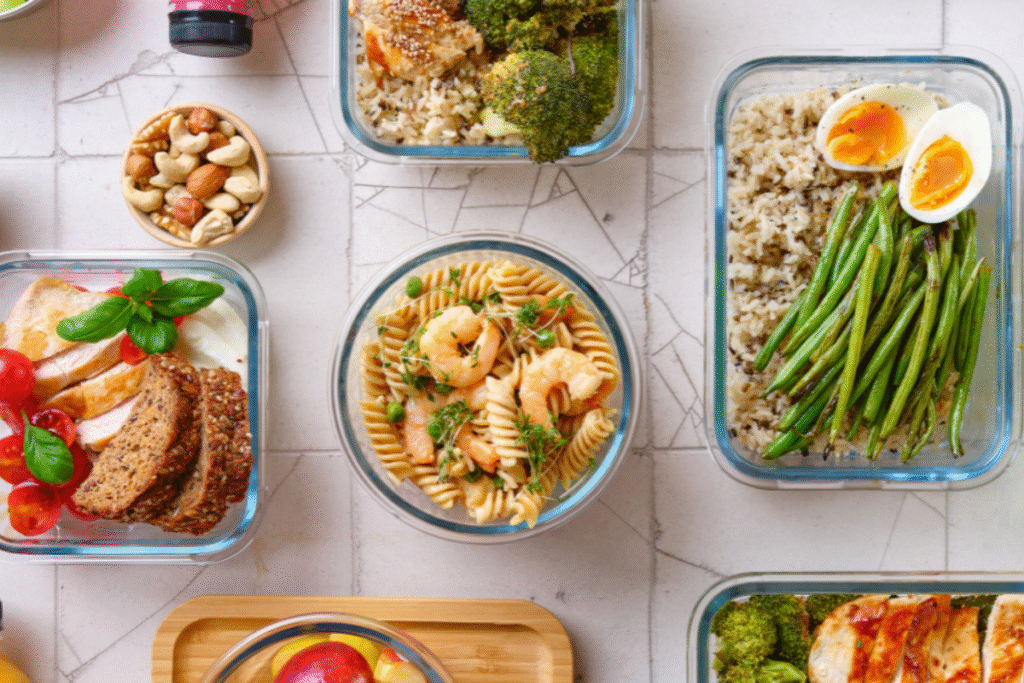 shows a variety of healthy food dishes.