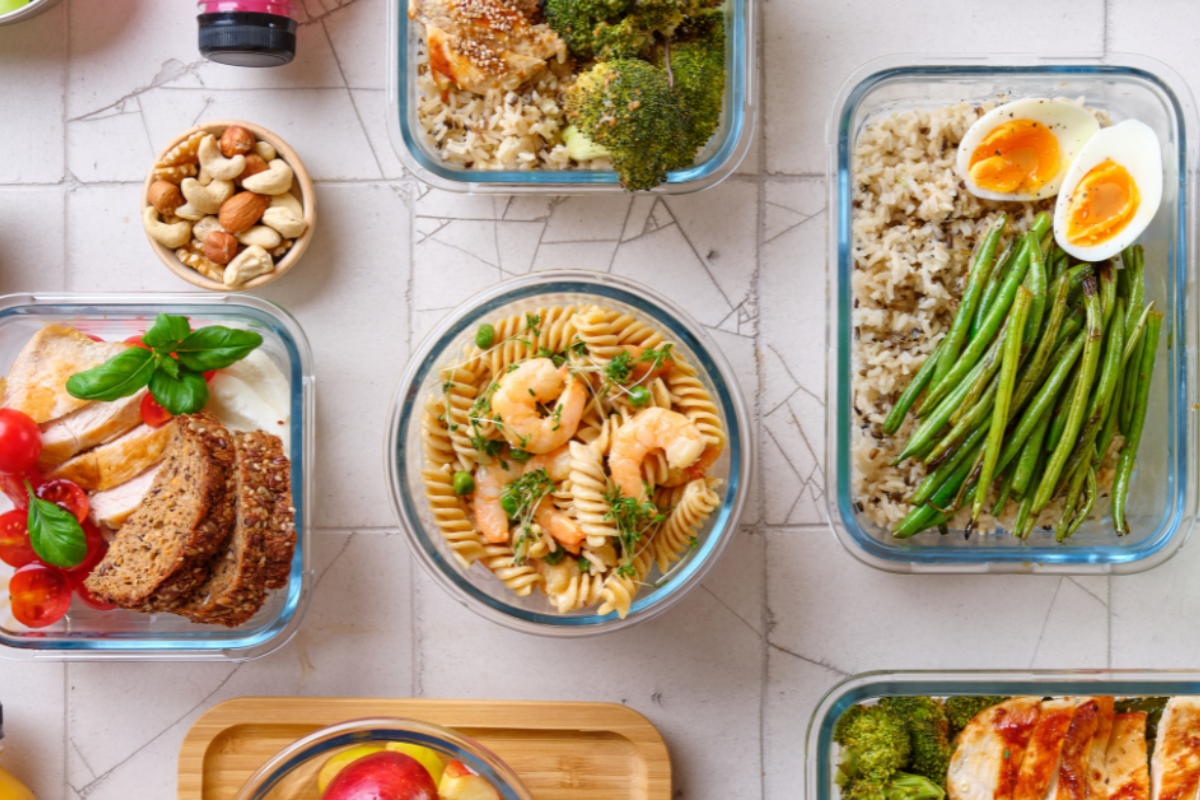 shows a variety of healthy food dishes.