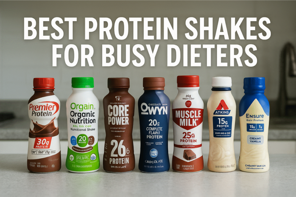 Six assorted ready-to-drink protein shakes arranged on a kitchen counter with the title “Best Protein Shakes for Busy Dieters” above them.
