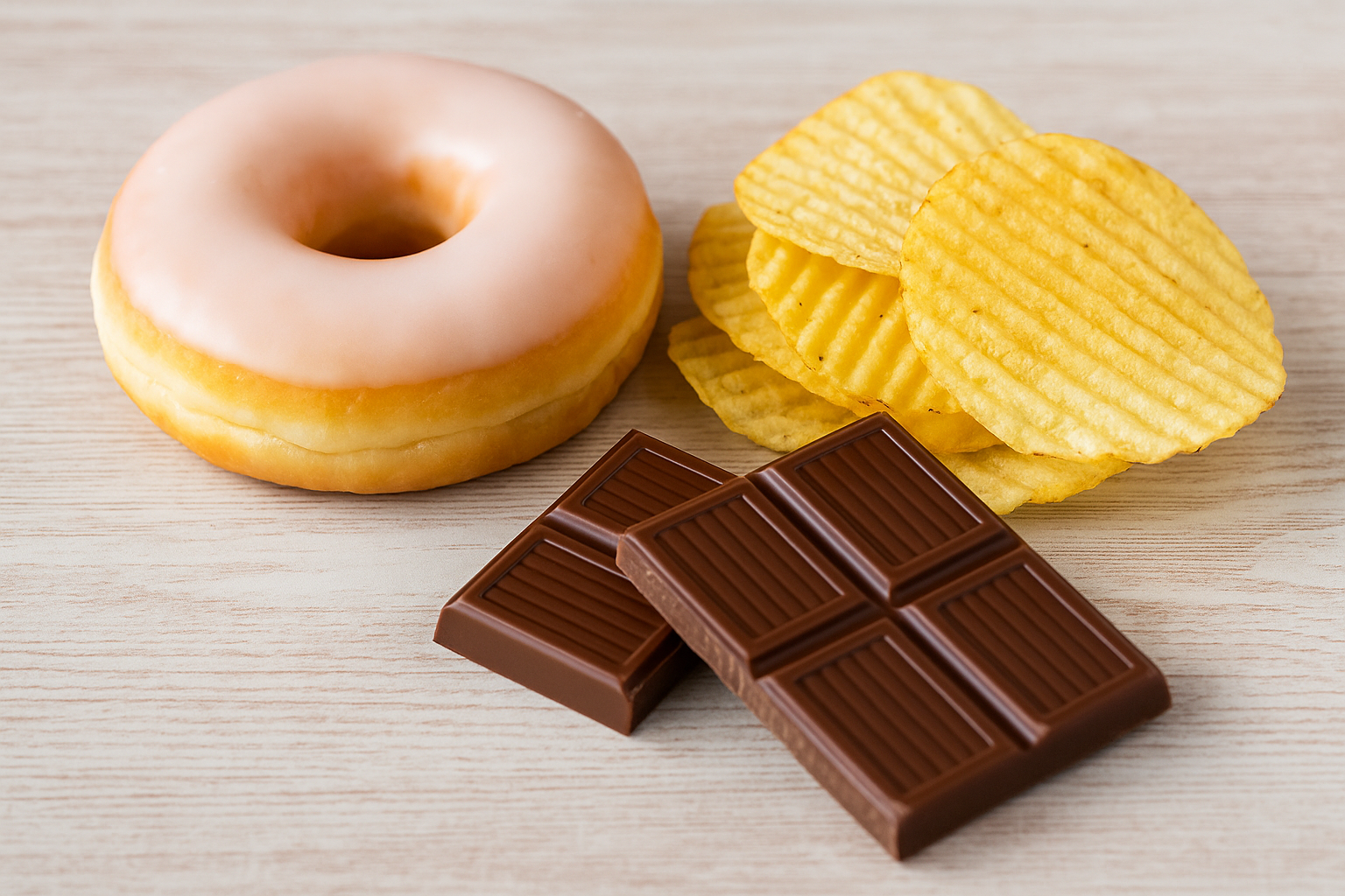 Glazed donut, potato chips, and chocolate bars on a light wooden surface representing common food cravings.