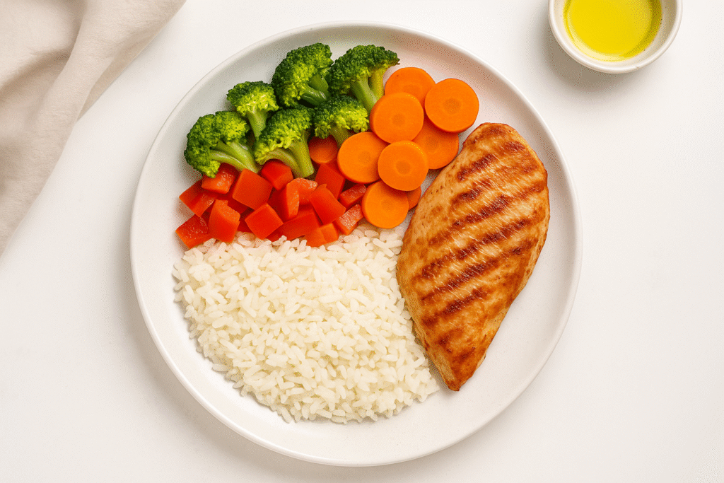 A balanced plate featuring grilled chicken, white rice, broccoli, carrots, and peppers on a white background — ideal for a 1,500-calorie meal plan.
