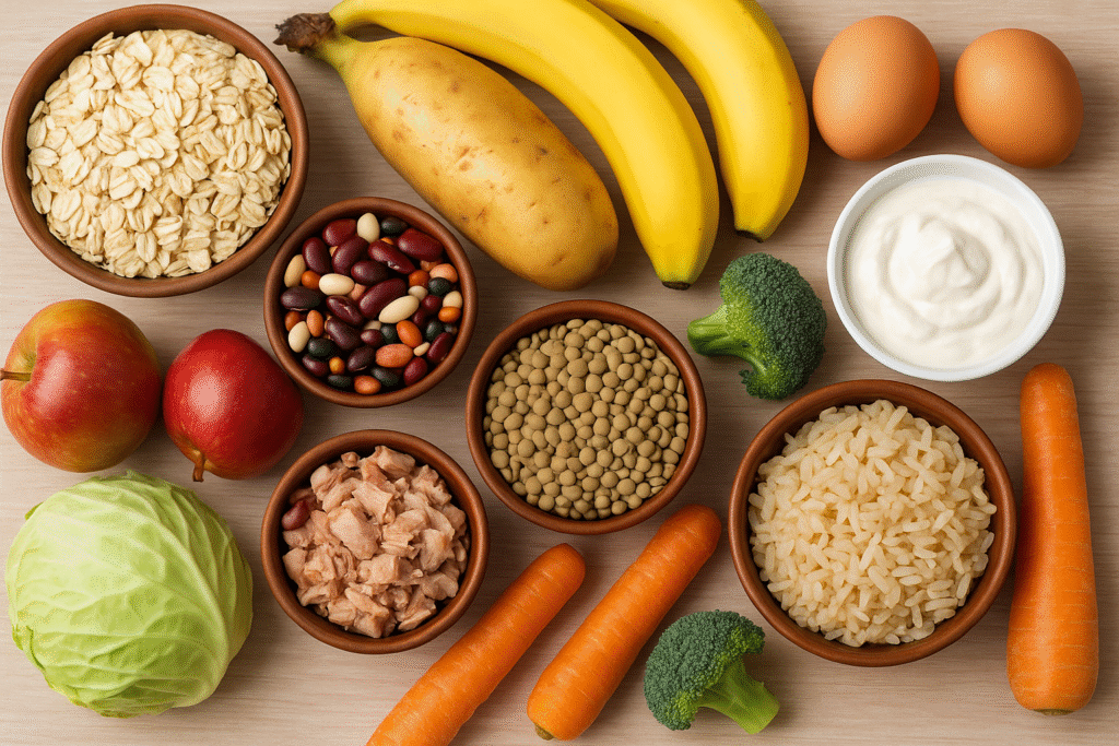 Budget-friendly healthy foods including oats, beans, rice, eggs, tuna, vegetables, apples, bananas, and yogurt arranged on a table.