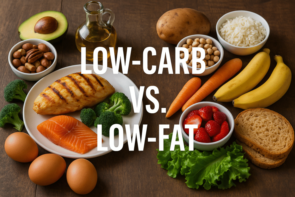 Photorealistic flat lay of low-carb and low-fat foods on a wooden table, including grilled chicken, salmon, eggs, avocado, nuts, broccoli, bananas, berries, carrots, rice, potatoes, and whole-grain bread, representing the comparison of low-carb vs low-fat diets.