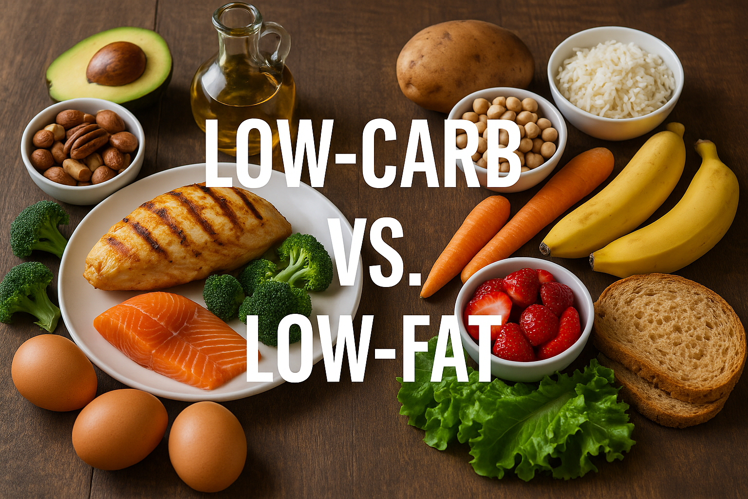 Photorealistic flat lay of low-carb and low-fat foods on a wooden table, including grilled chicken, salmon, eggs, avocado, nuts, broccoli, bananas, berries, carrots, rice, potatoes, and whole-grain bread, representing the comparison of low-carb vs low-fat diets.