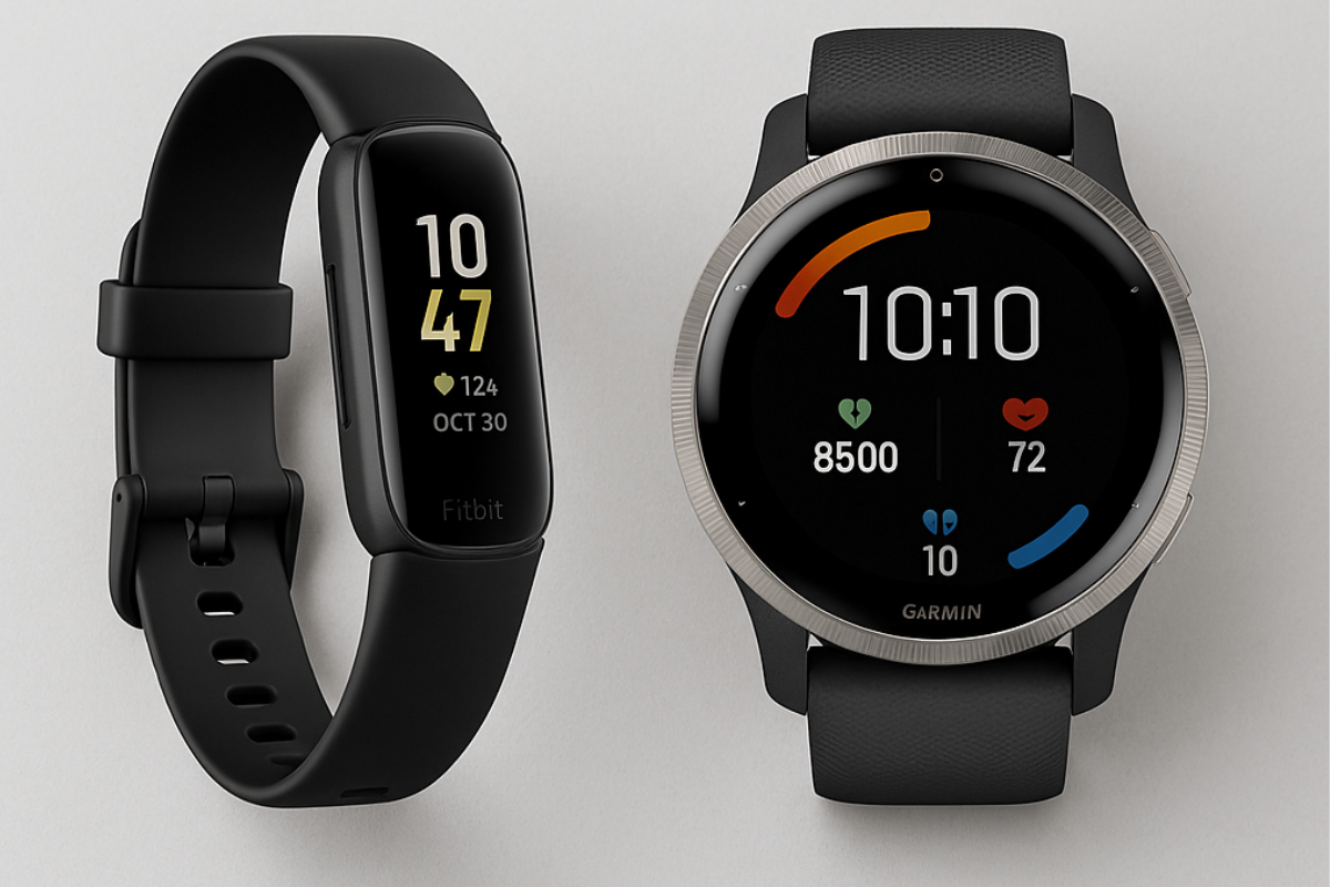 Fitbit Inspire 3 and Garmin Venu 2 smartwatches side by side on a light gray background showing time, heart rate, and step count displays.