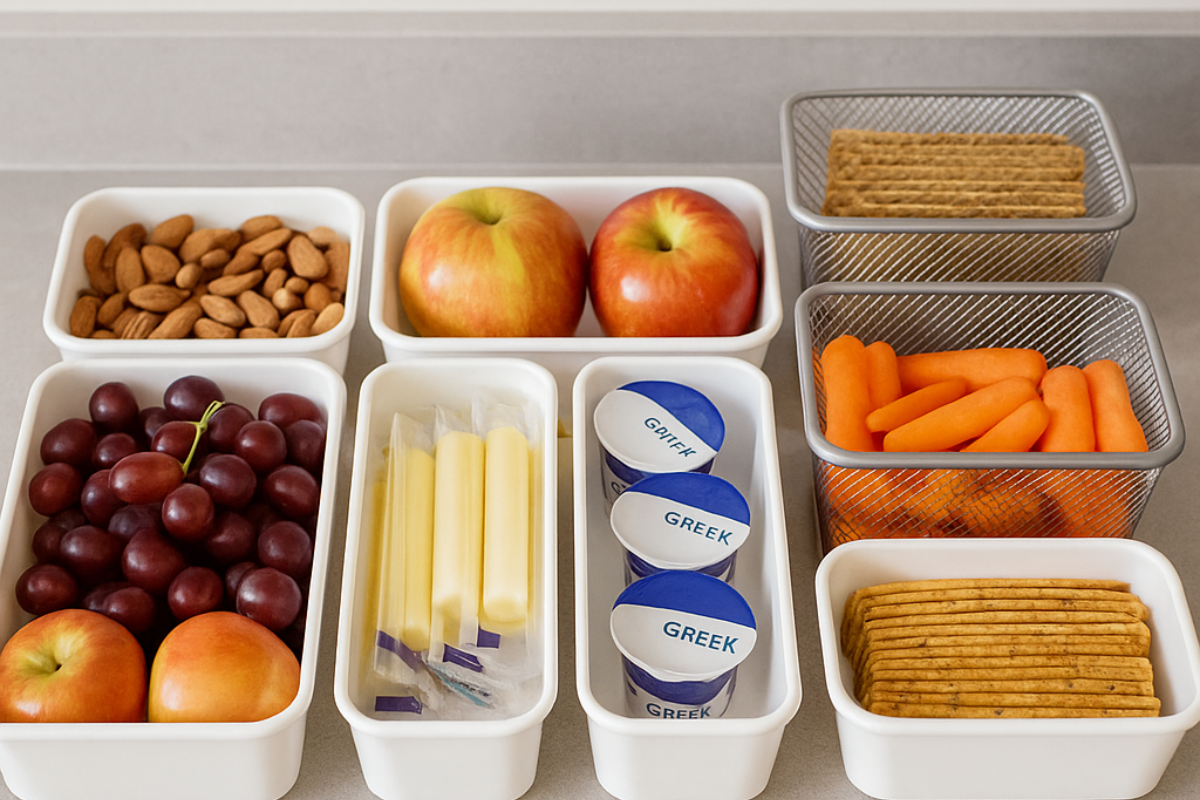 Organized bins of almonds, grapes, apples, carrots, cheese sticks, Greek yogurt, and crackers with the BestDietPlansGuide brand name at the bottom.