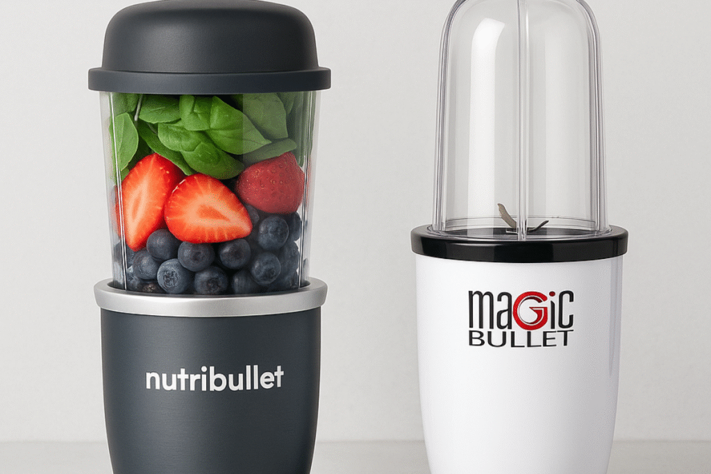Side-by-side photo of a NutriBullet filled with fruit and a Magic Bullet with an empty cup on a gray counter.