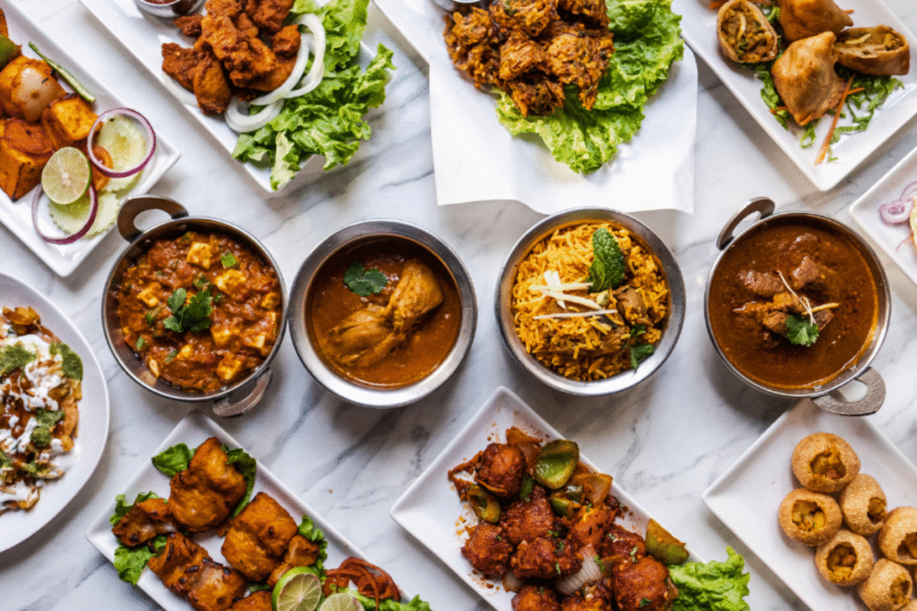 Displays a variety of finished food dishes.