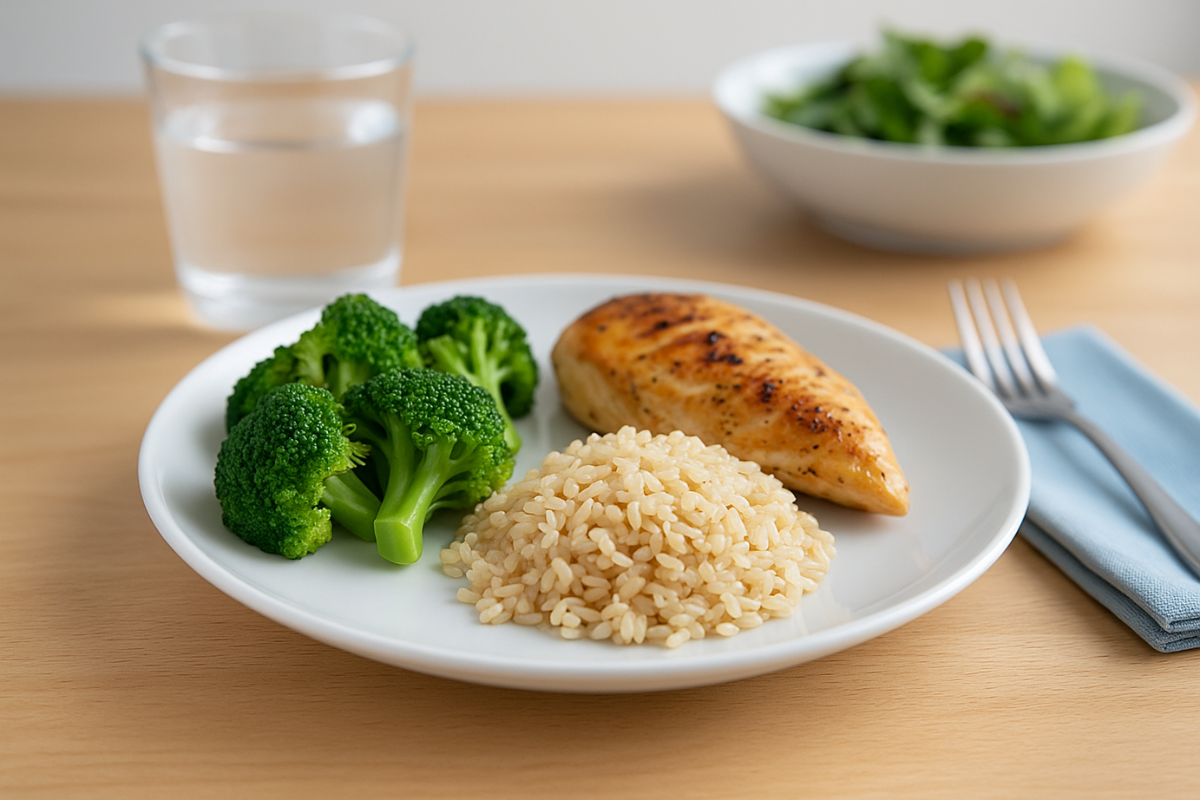 Healthy portion-controlled meal with grilled chicken, broccoli, and brown rice on a white plate in a bright kitchen setting
