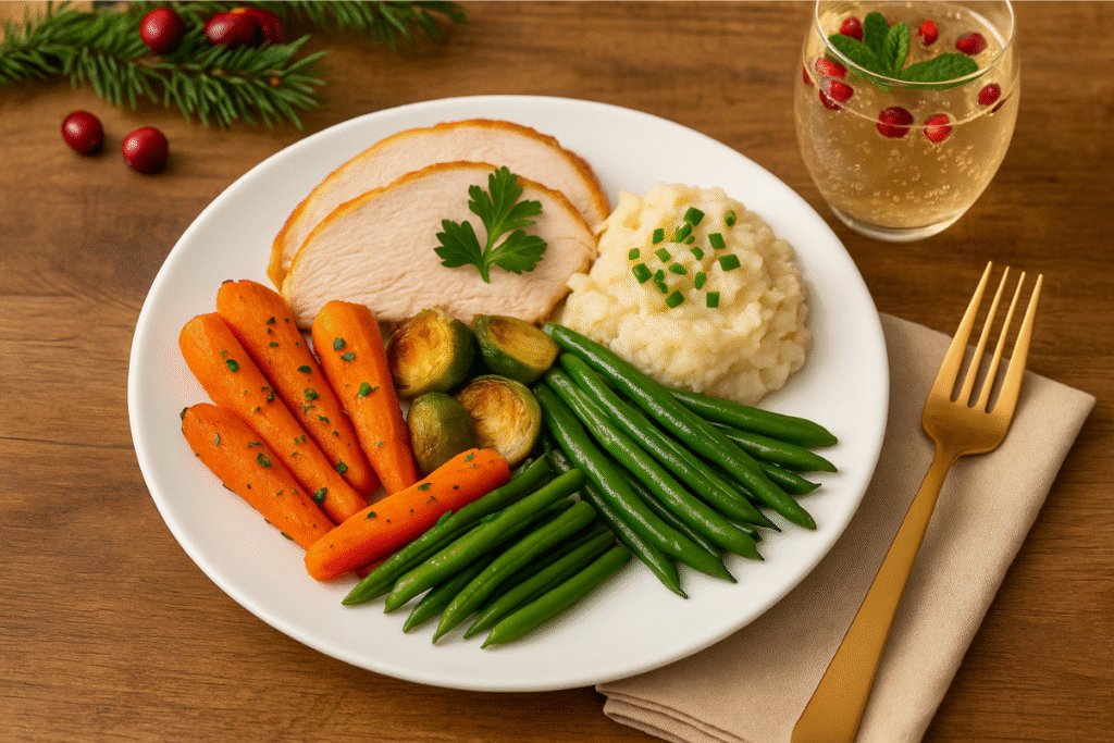 A bright holiday plate featuring sliced turkey breast, cauliflower mashed potatoes, roasted carrots, Brussels sprouts, and green beans with a sparkling mocktail on a wooden table.