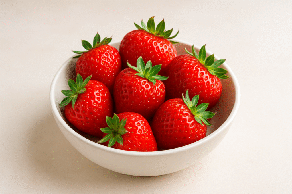A white ceramic bowl filled with fresh, ripe strawberries on a light background.
