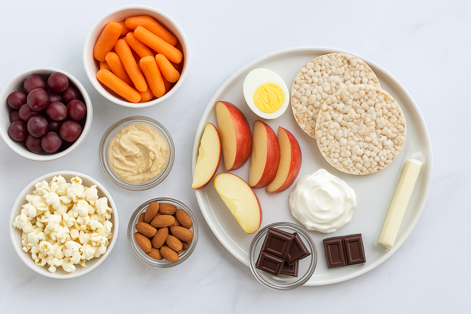 A realistic overhead photo of healthy snacks under 150 calories, including apple slices, carrots, grapes, hummus, almonds, popcorn, rice cakes, Greek yogurt, dark chocolate, and a hard-boiled egg arranged neatly on a white plate and marble background.