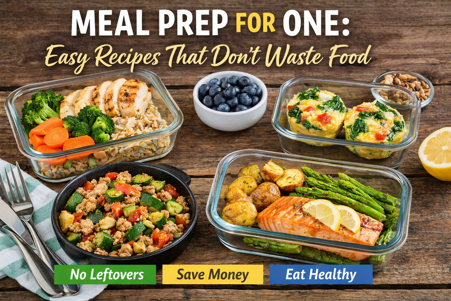 Single-serve meal prep containers with chicken, salmon, egg muffins, and vegetables on a kitchen table for easy no-waste healthy meals