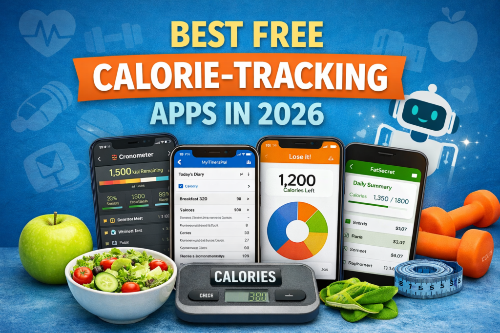 Best free calorie-tracking apps in 2026 displayed on smartphones with healthy food and fitness icons
