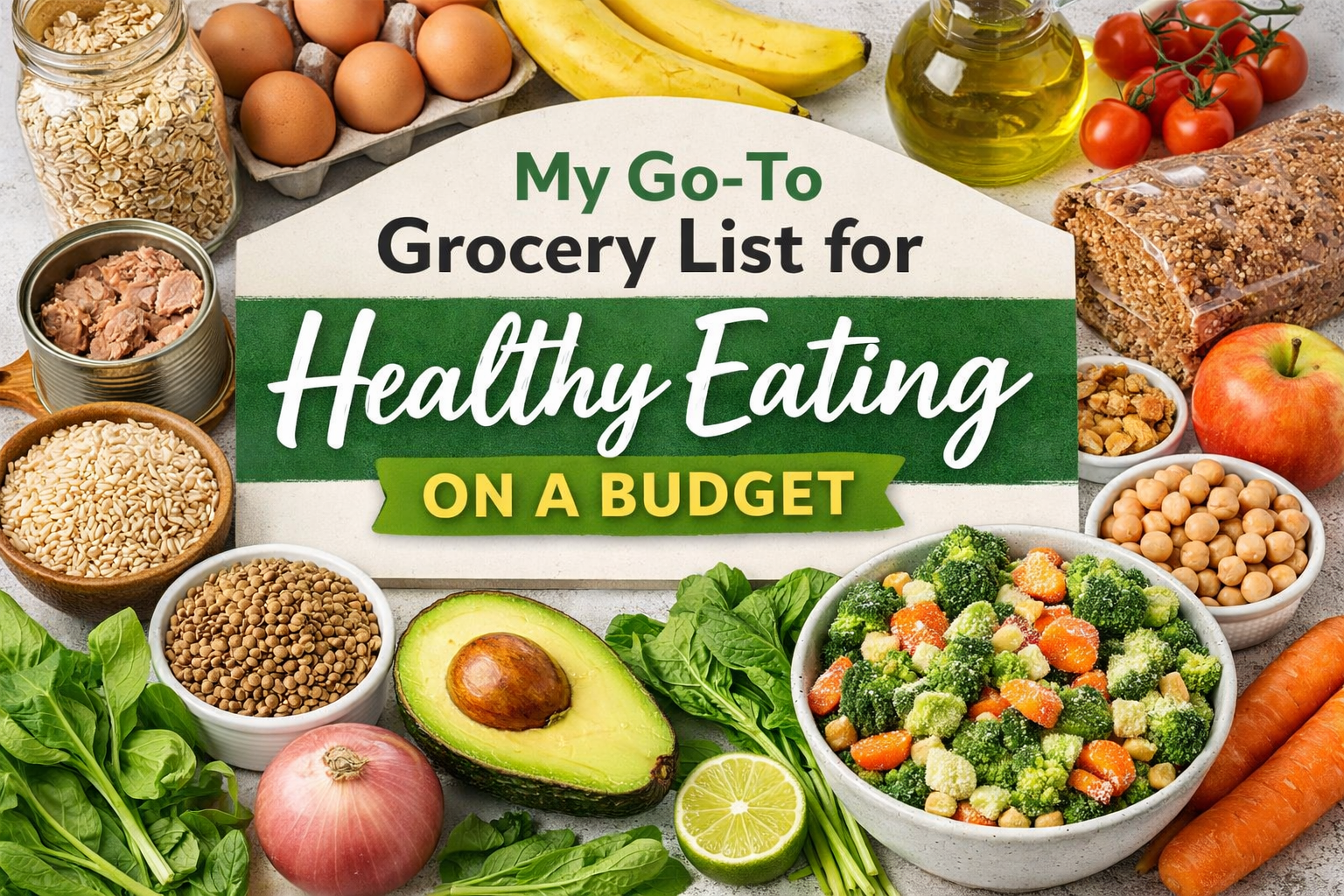 Healthy budget grocery list with eggs, oats, vegetables, beans, fruit, and affordable staple foods on a kitchen table