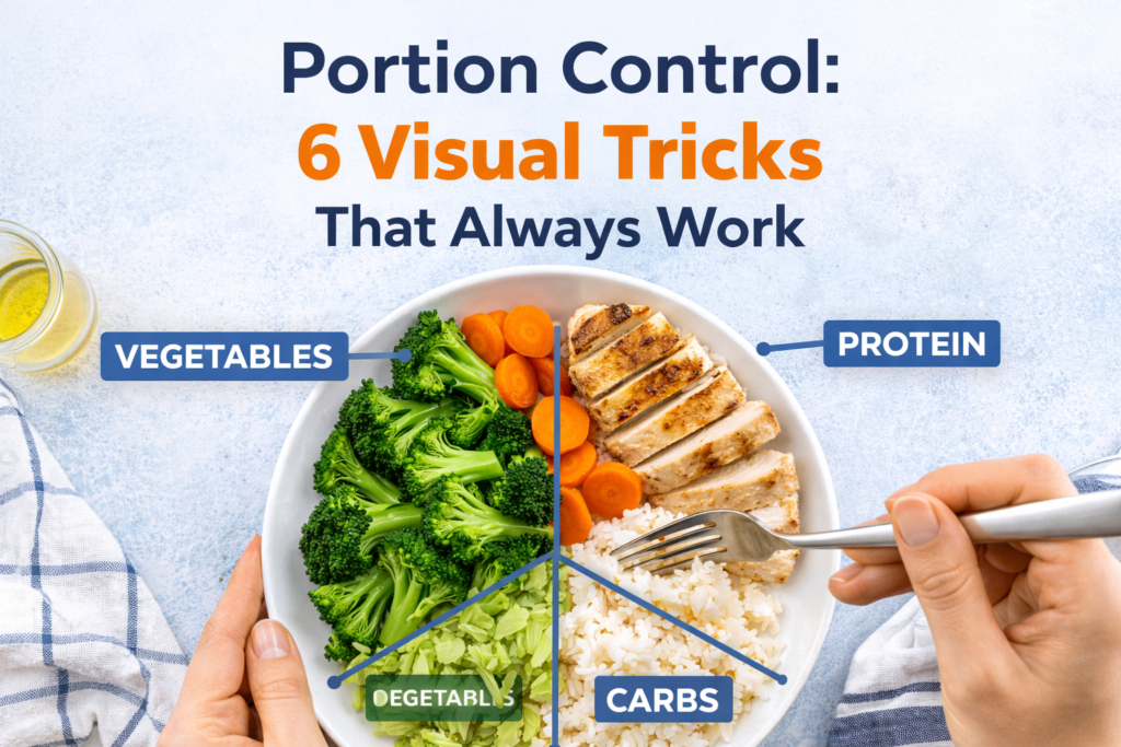 Balanced plate showing portion control with vegetables, protein, and carbs for weight loss