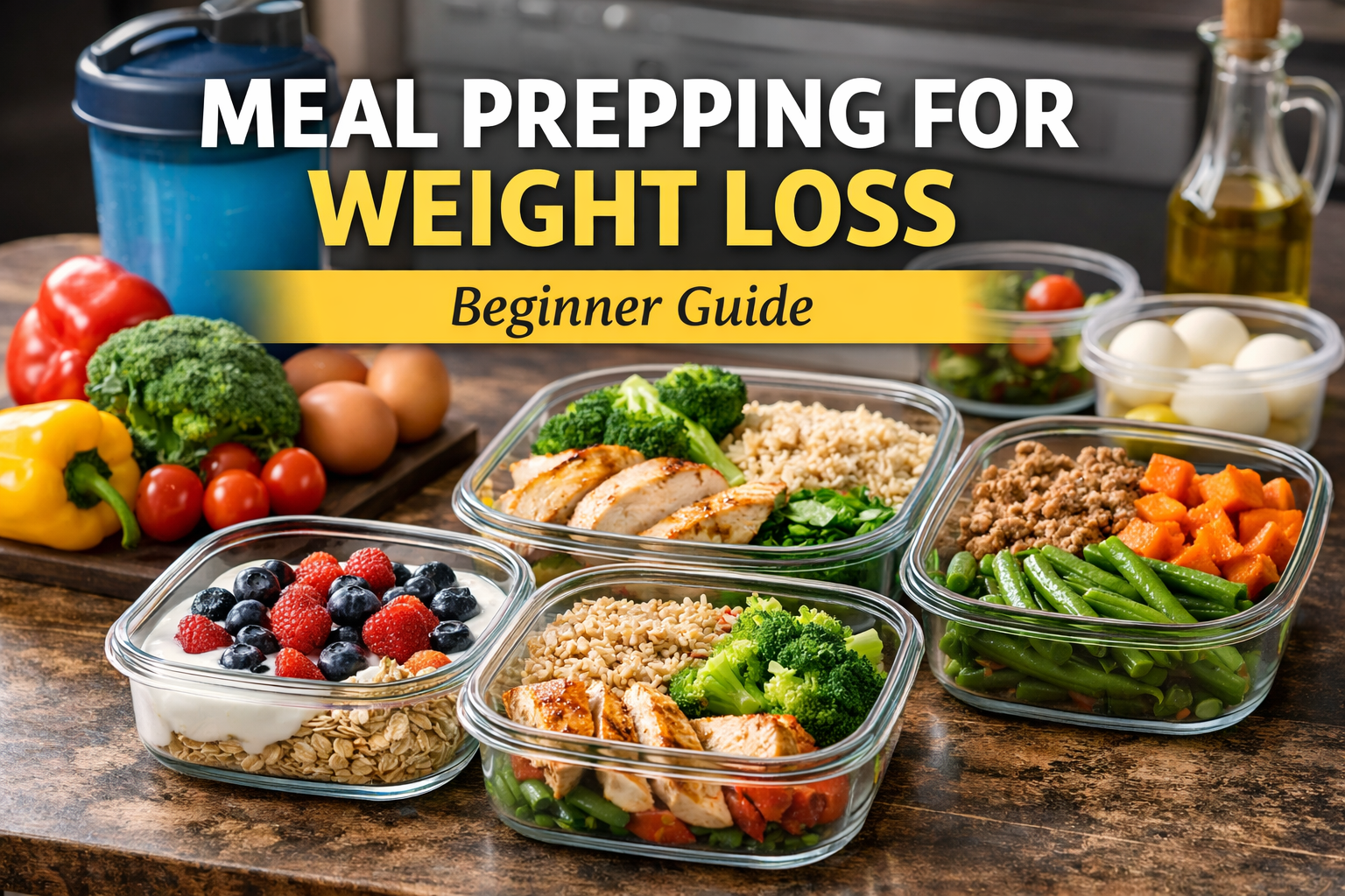 Healthy meal prep containers with chicken, brown rice, vegetables, and yogurt prepared for weight loss meal prepping