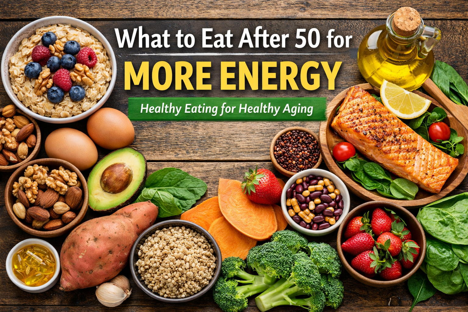 Healthy foods for people over 50 including salmon, eggs, oatmeal, vegetables, nuts, and berries to support energy and healthy aging.