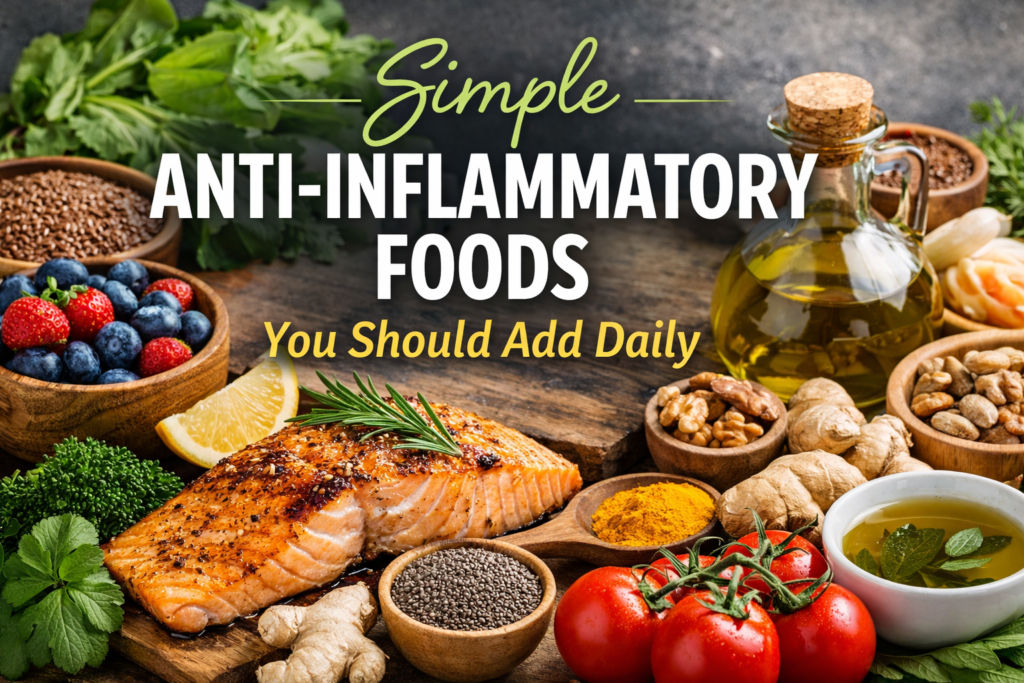 Selection of anti-inflammatory foods including salmon, berries, olive oil, nuts, greens, and green tea arranged on a table.
