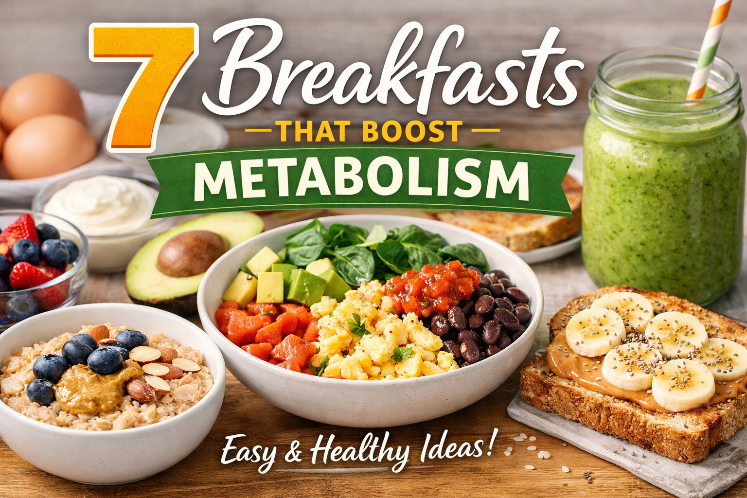 Healthy metabolism-boosting breakfast foods including oatmeal, eggs, smoothie, and whole-grain toast featured in metabolism breakfast guide